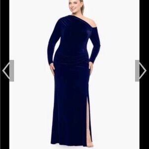 Betsy & Adam Midnight Blue One-Shoulder Gown, velvet